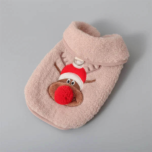 Gilet polaire pour chien avec motif de renne et détail de pompon rouge