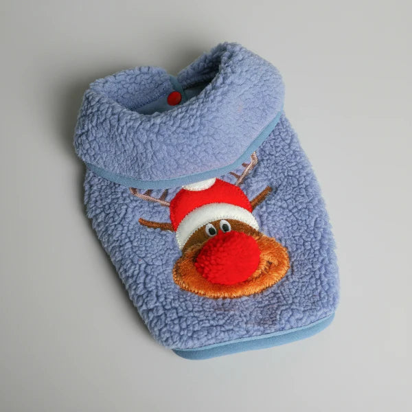 Gilet polaire pour chien bleu avec motif de renne et bonnet de Noël