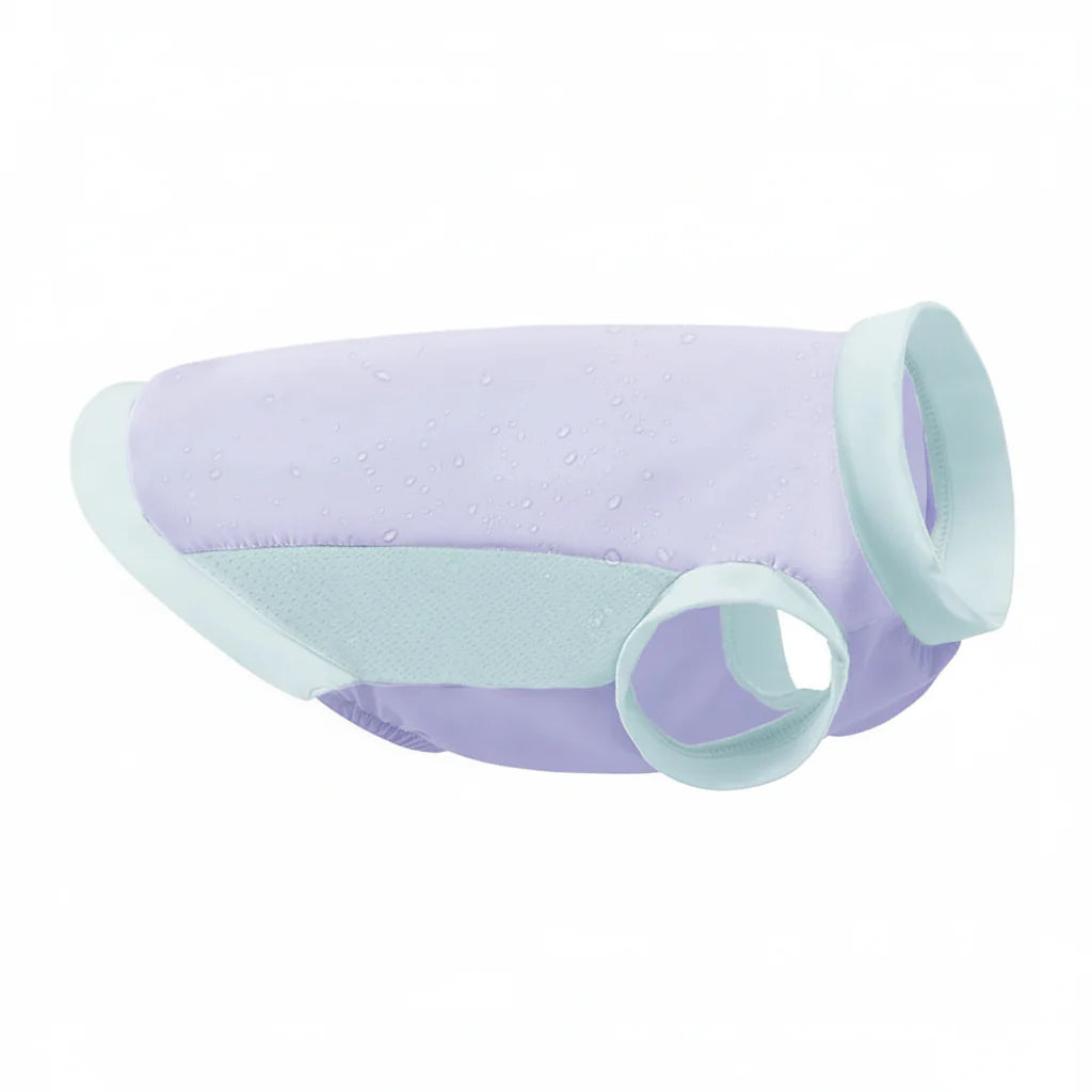 Gilet rafraîchissant chien et chat en violet avec des finitions bleu clair pour un confortable été