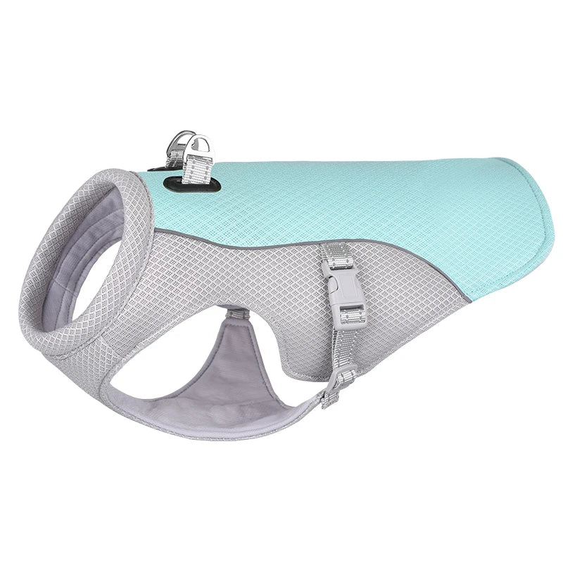 Gilet refroidissant chien bleu et gris Oscar et Plume avec attaches réglables et tissu respirant