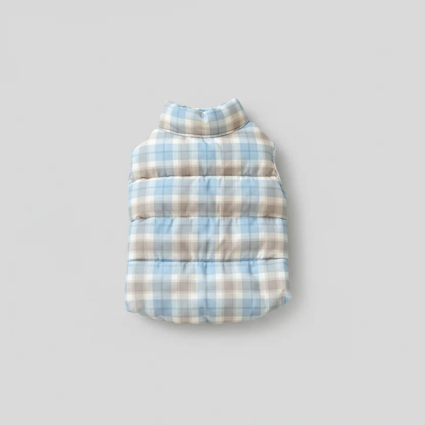 Gilet réversible pour chien en bleu et beige à carreaux pour garder votre animal au chaud