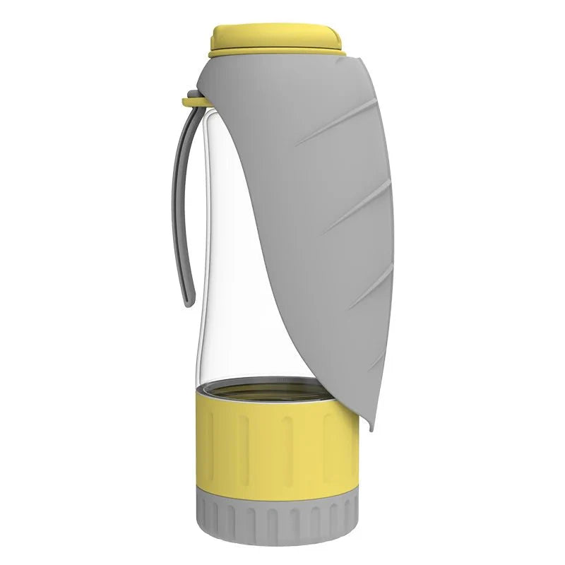 Gourde avec gamelle silicone grise et jaune idéale pour les promenades avec animaux