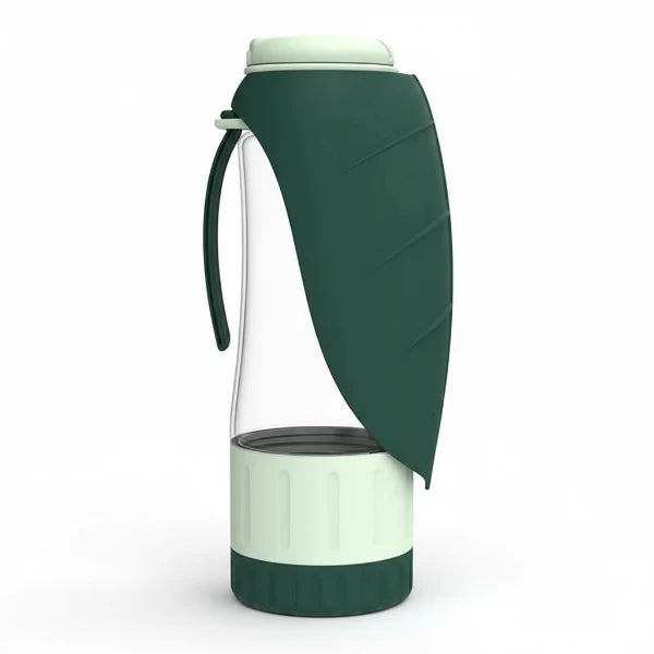 Gourde avec gamelle silicone verte et blanche pour animaux, design pratique avec poignée