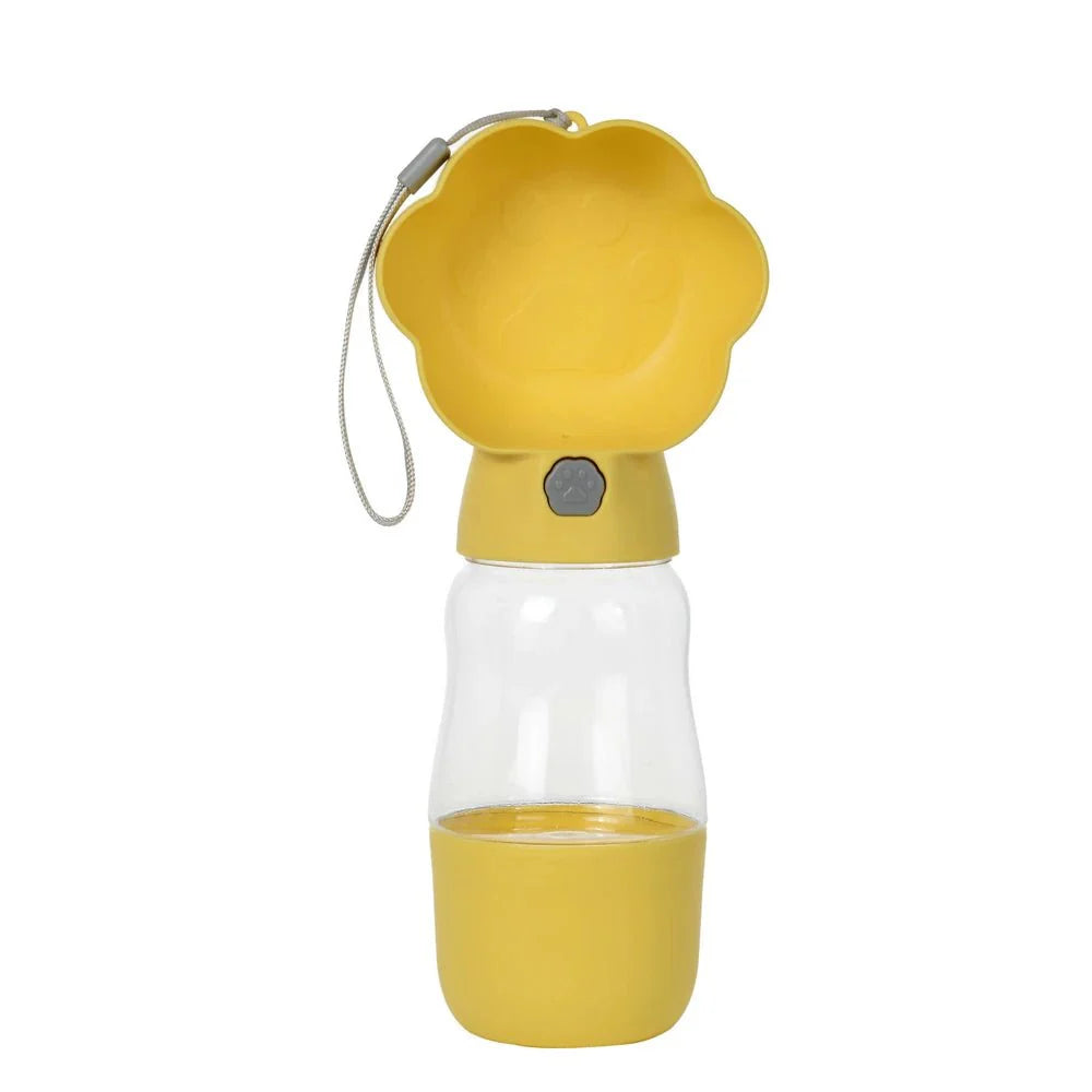 Gourde design pour chien chat Oscar et Plume jaune avec bol intégré en forme de patte
