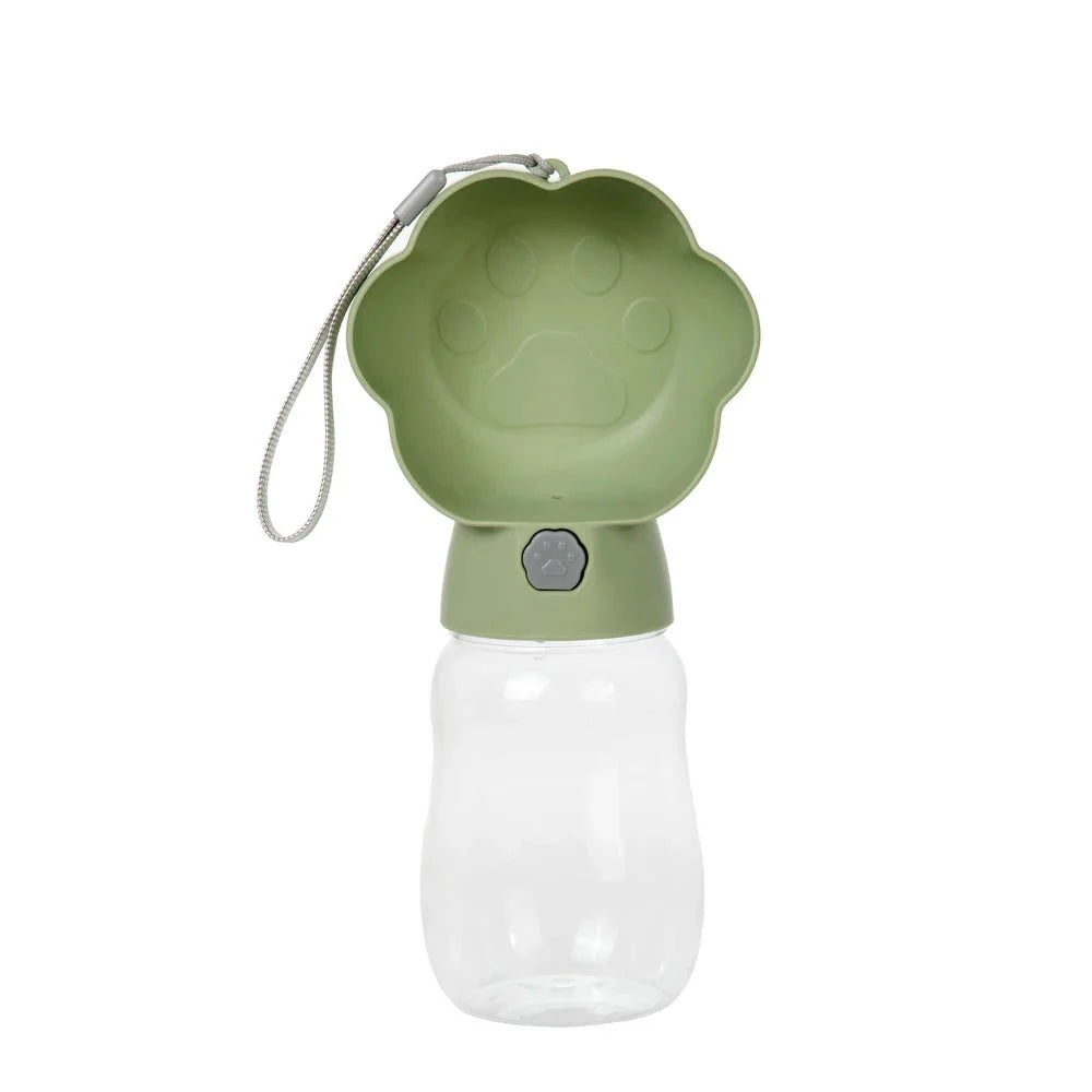 Gourde design pour chien chat Oscar et Plume avec bol vert en forme de patte et bouteille transparente