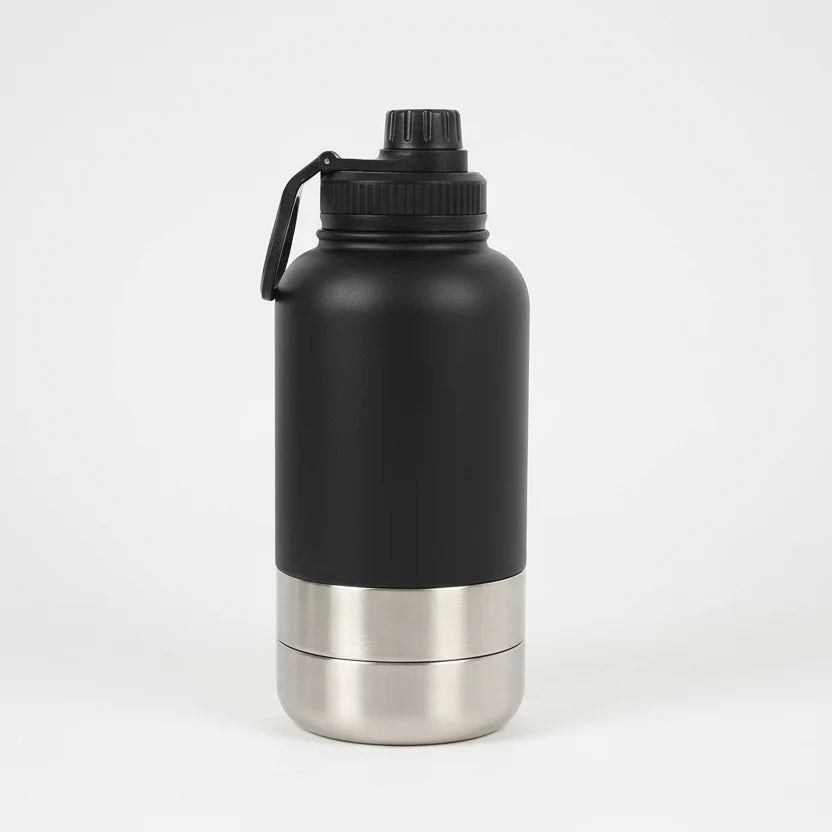 Gourde inox pour chien noire avec couvercle pratique et base en acier inoxydable