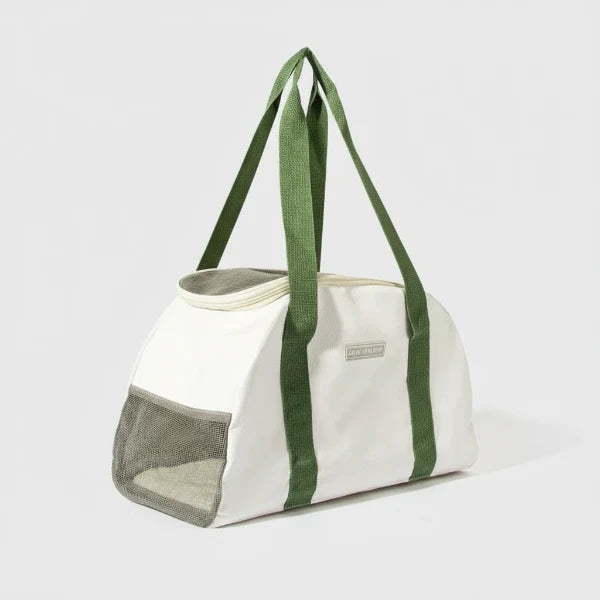 Grand sac pour chien et chat blanc avec anses vertes et ouverture en filet pour aération