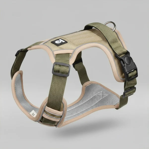Harnais anti-traction pour chien Oscar et Plume en olive avec rembourrage confortable et attache réglable