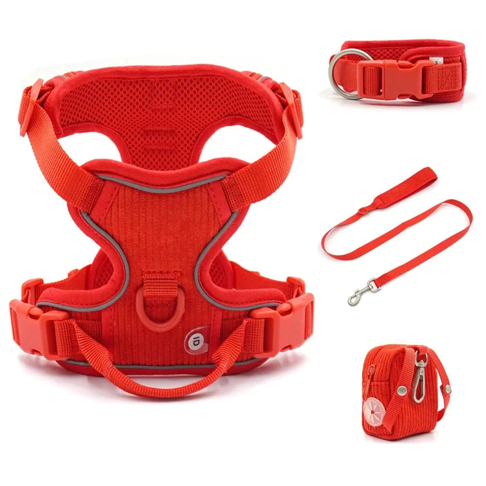 Harnais chien velours rouge avec laisse, collier et sac de rangement Oscar et Plume