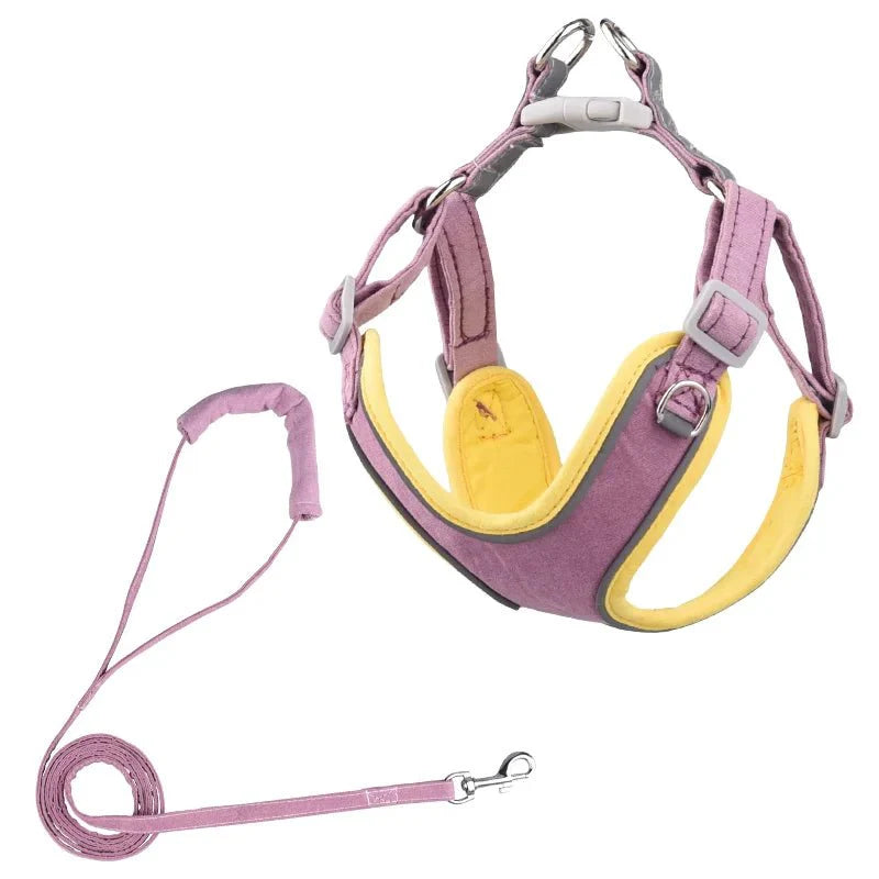 harnais et laisse réglables pour chien Oscar et Plume rose et jaune rembourré avec boucles metalliques et attache