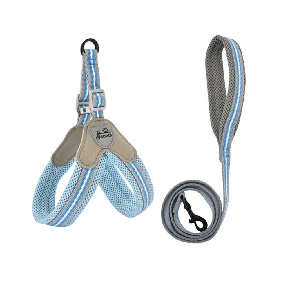 Harnais et laisse pour chien Oscar et Plume en bleu avec design en maille pour le confort de votre animal