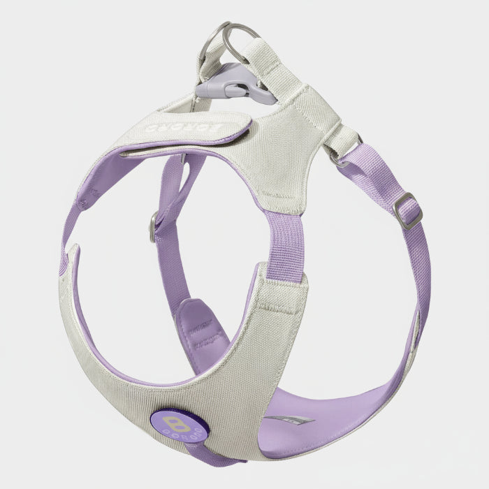 Harnais petit chien Oscar et Plume réglable en tissu beige et violet confortable et sécurisé
