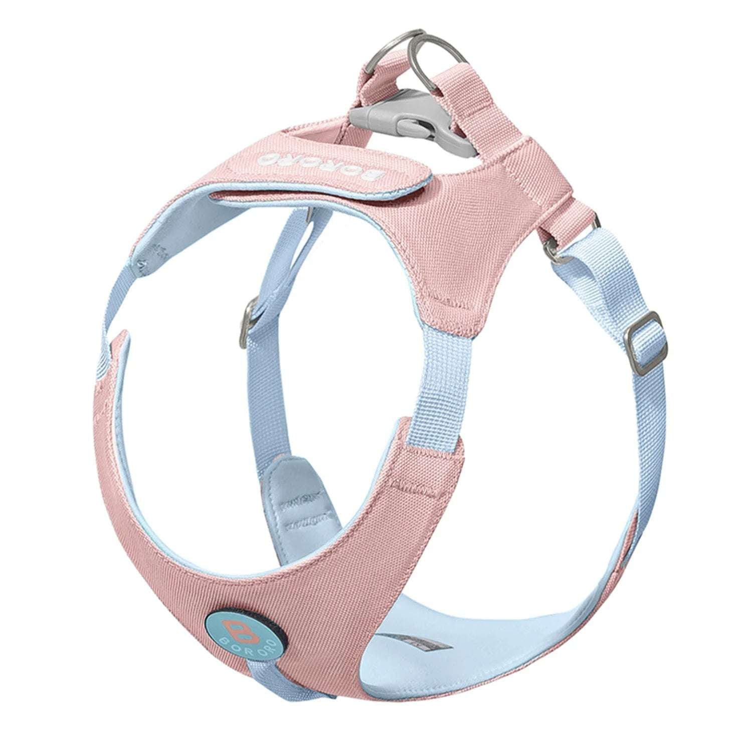 Harnais petit chien rose et bleu clair en tissu ajustable pour promenade sécurisée