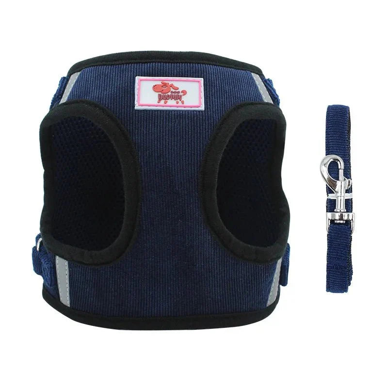 Harnais petit chien velours côtelé bleu marine avec boucle métallique pour le confort des animaux de compagnie