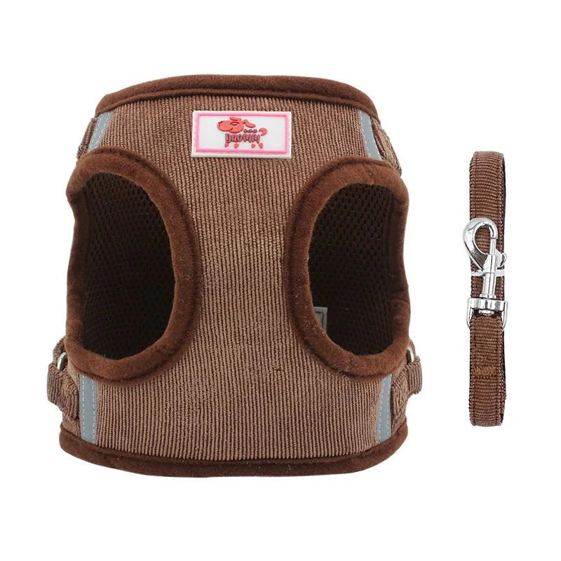 Harnais petit chien velours côtelé en brun avec une laisse assortie pour le confort du chien
