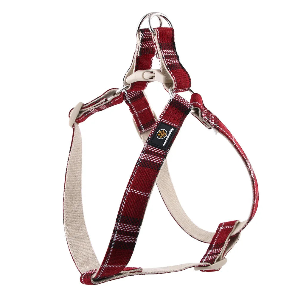harnais pour chien coton Oscar et Plume rouge carreaux doublure beige anneau metal réglable
