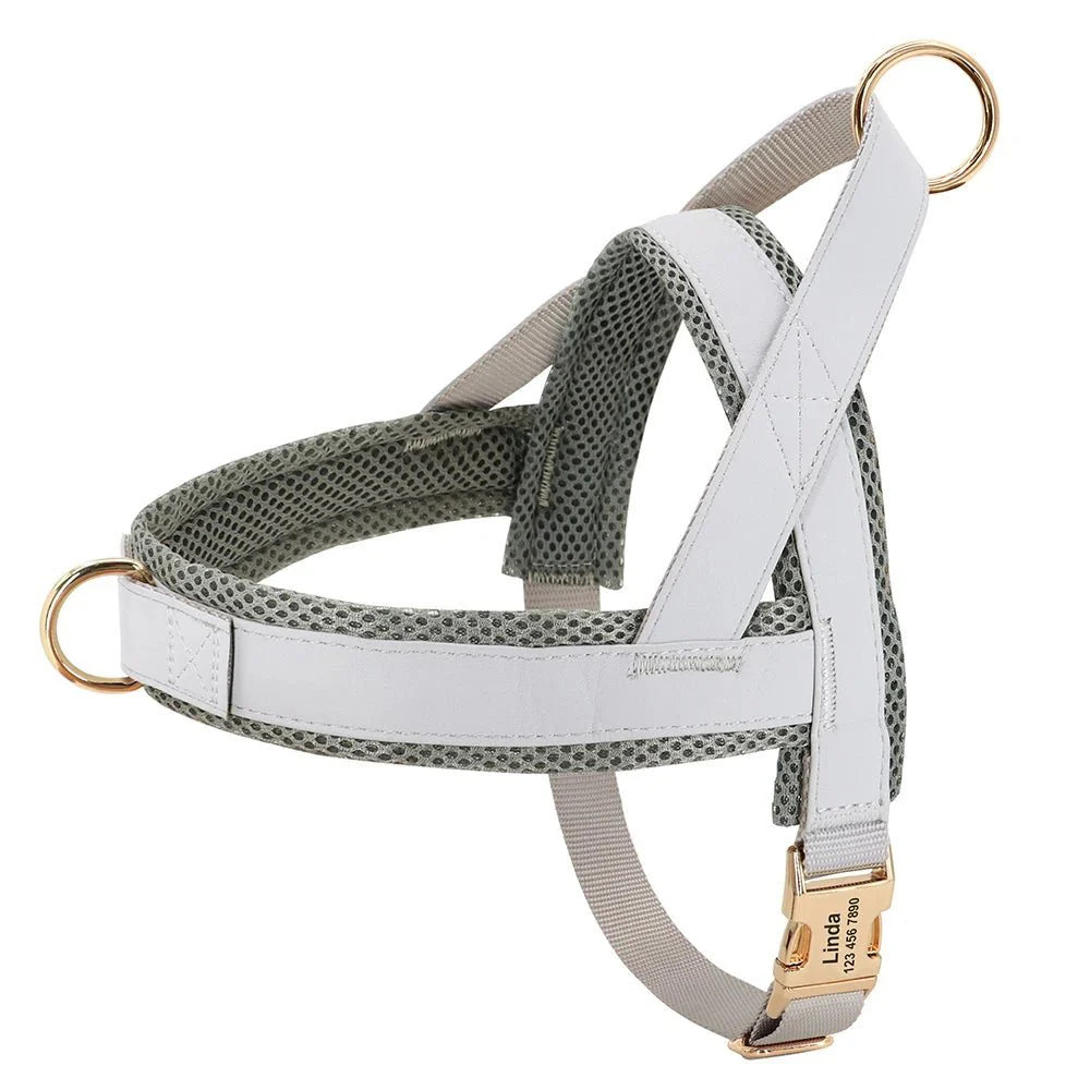 Harnais pour chien personnalisable en blanc et gris avec design ergonomique et ajustable