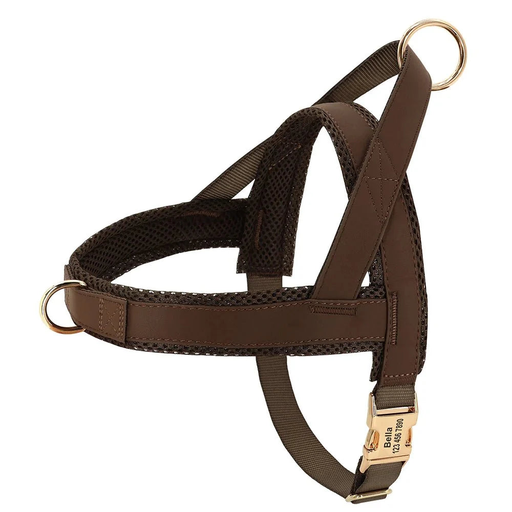 Harnais pour chien personnalisable en marron avec rembourrage et boucles en métal doré
