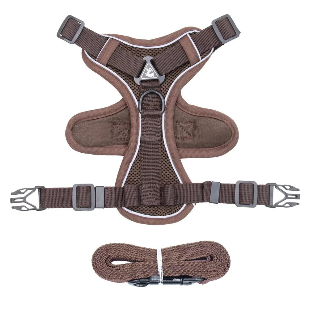Harnais réfléchissant pour chien marron avec sangle réglable et laisse assortie Oscar et Plume