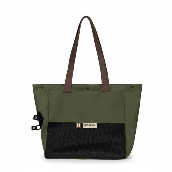 Sac de voyage imperméable chien et chat vert avec grande poche avant et anses marron