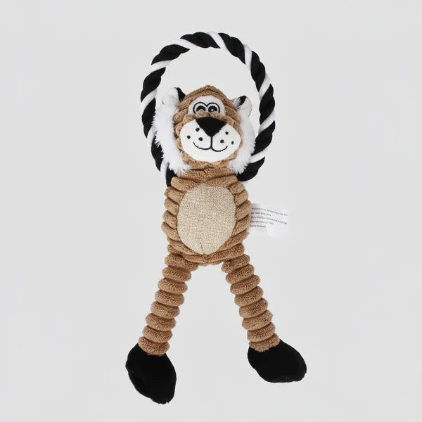 Jouet chien peluche en forme de tigre avec une corde noire et blanche pour le jeu des chiens