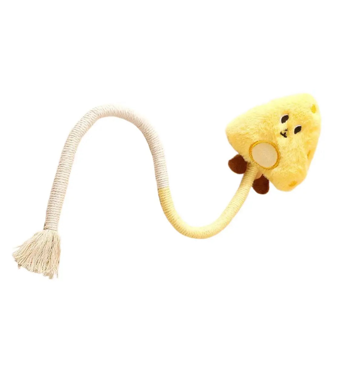 Jouet corde pour chat en forme de fromage jaune avec une petite queue en tissu