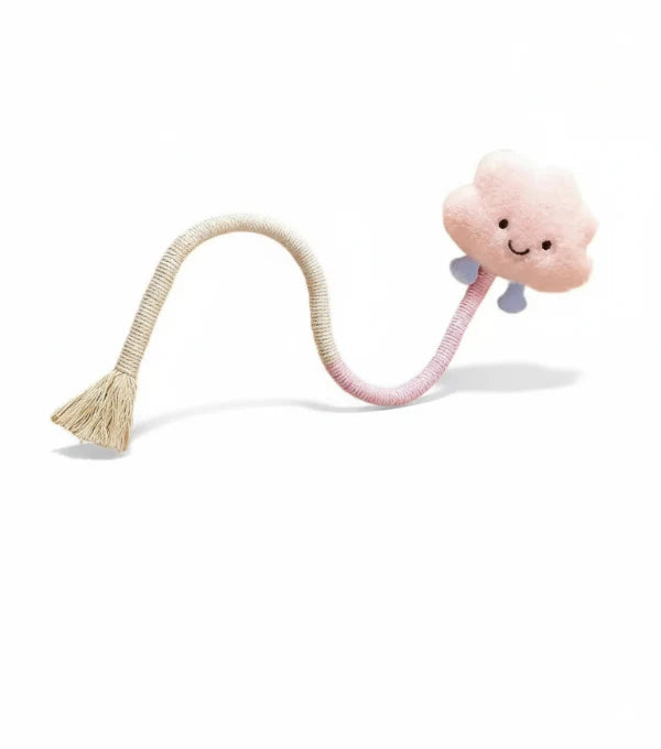 Jouet corde pour chat en forme de nuage rose avec des pompons pour amusements félins