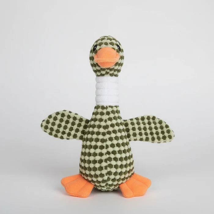 Jouet peluche chien en forme d'oie avec texture en pois verts et oranges de 27 cm
