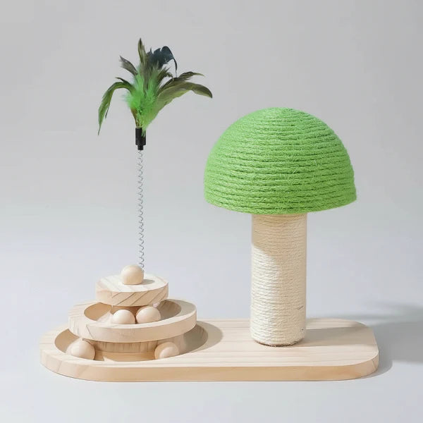Jouet pour chat en bois et sisal avec plume verte et spirale à billes pour amusement