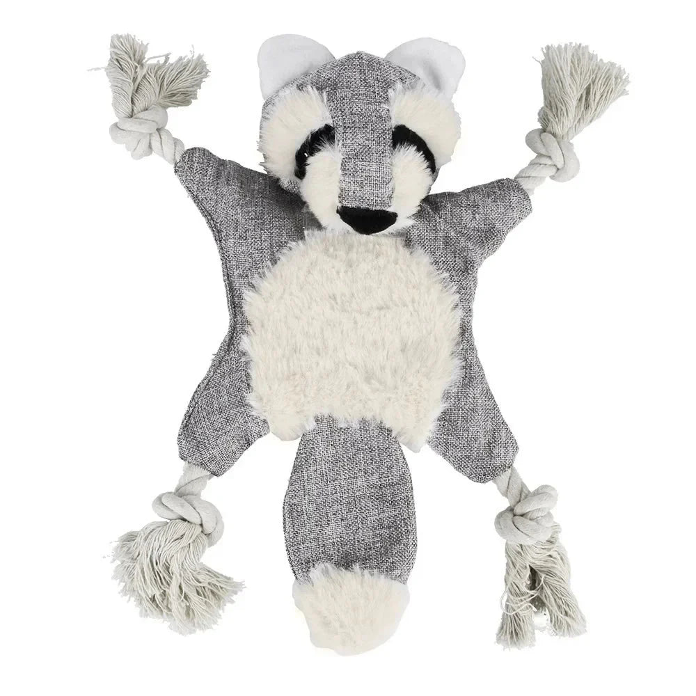 Jouet pour chien en forme de raton laveur avec corde nouée et texture douce gris et blanc