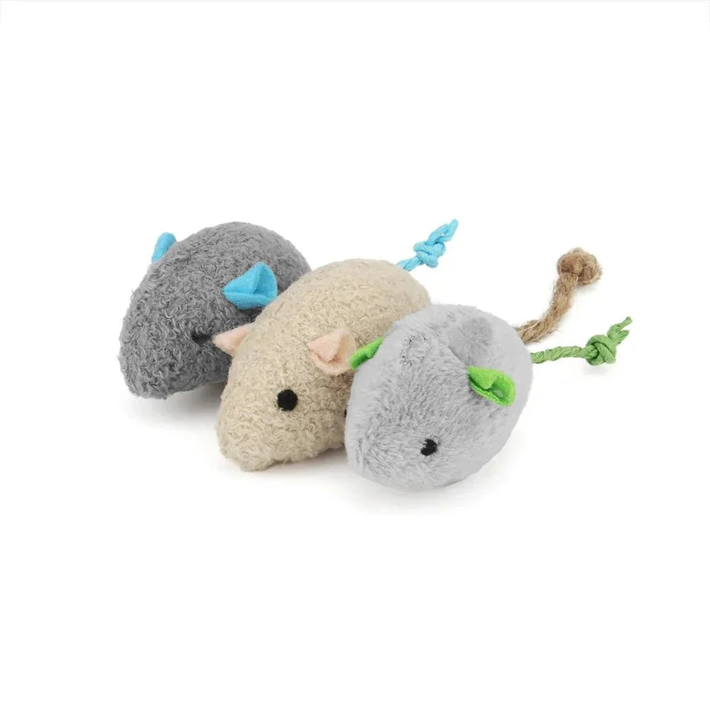 Lot de trois jouet souris pour chat en peluche doux avec oreilles colorées et queues en corde