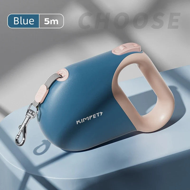 Laisse rétractable pour chien bleue de 5 mètres avec un design ergonomique et une prise confortable