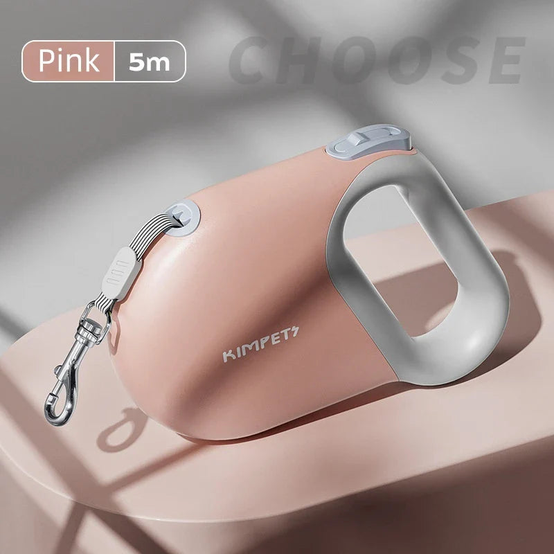 Laisse rétractable pour chien rose de 5 mètres avec poignée ergonomique et mousqueton en métal