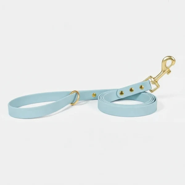 Laisse imperméable pour chien bleue avec boucle et mousqueton doré de la marque Oscar et Plume