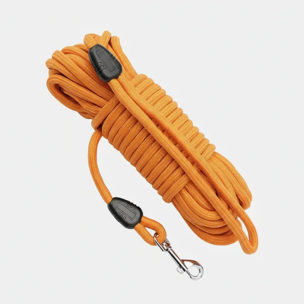 Laisse longue pour chien orange en corde résistante avec mousqueton métallique Oscar et Plume