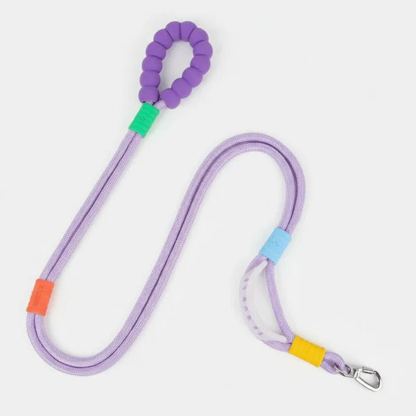 Laisse main libre chien en corde violet avec poignée rembourrée et mousqueton métallique