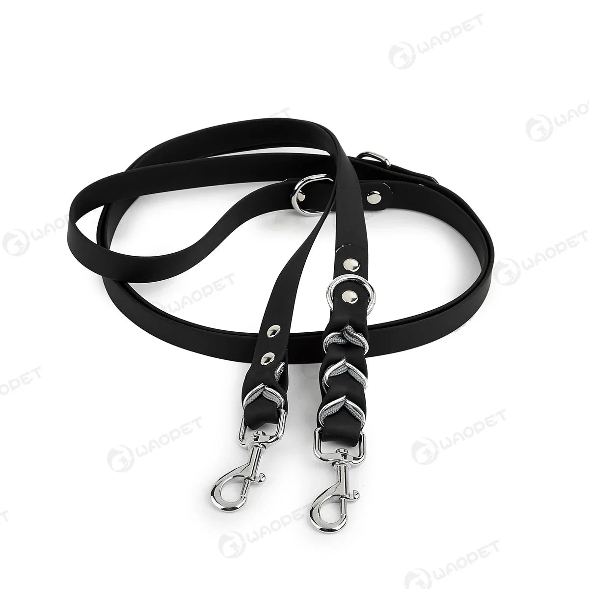 Laisse mains libres pour chien noire avec mousquetons métalliques résistants et design pratique