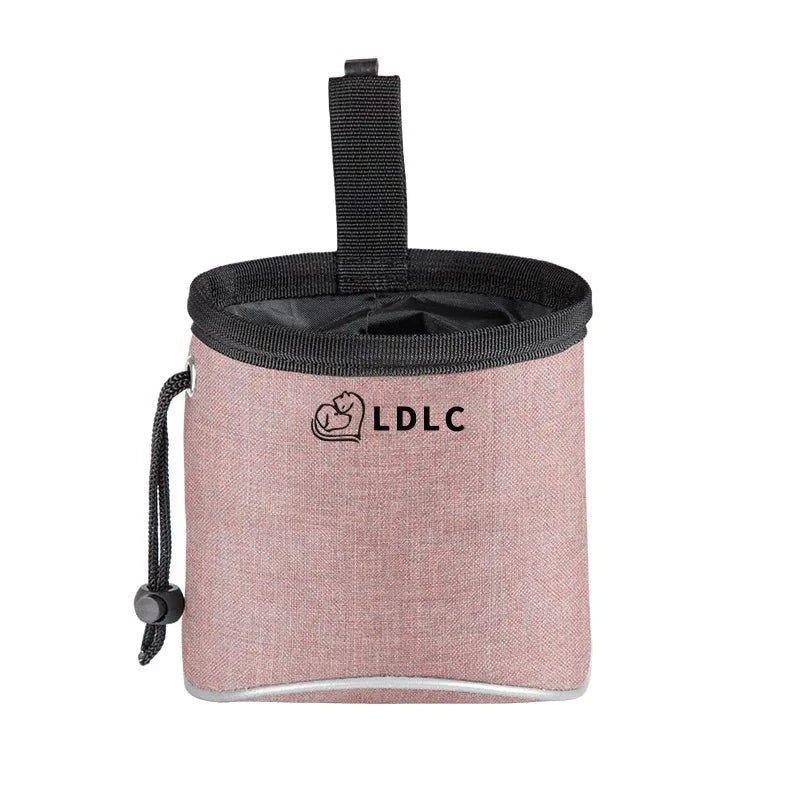 Sac friandises pour chien rose avec fermeture coulissante et fixation pour la ceinture