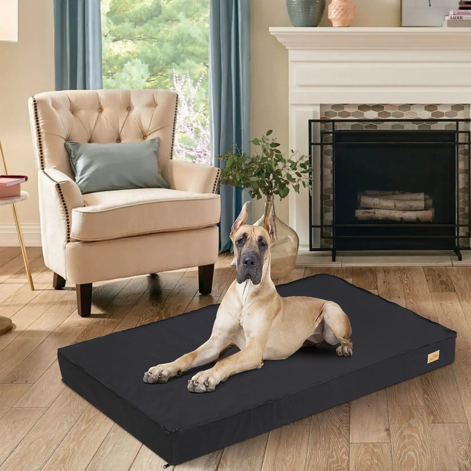 Lit pour chien mémoire de forme noir avec un chien allongé, parfait pour le confort de votre animal.
