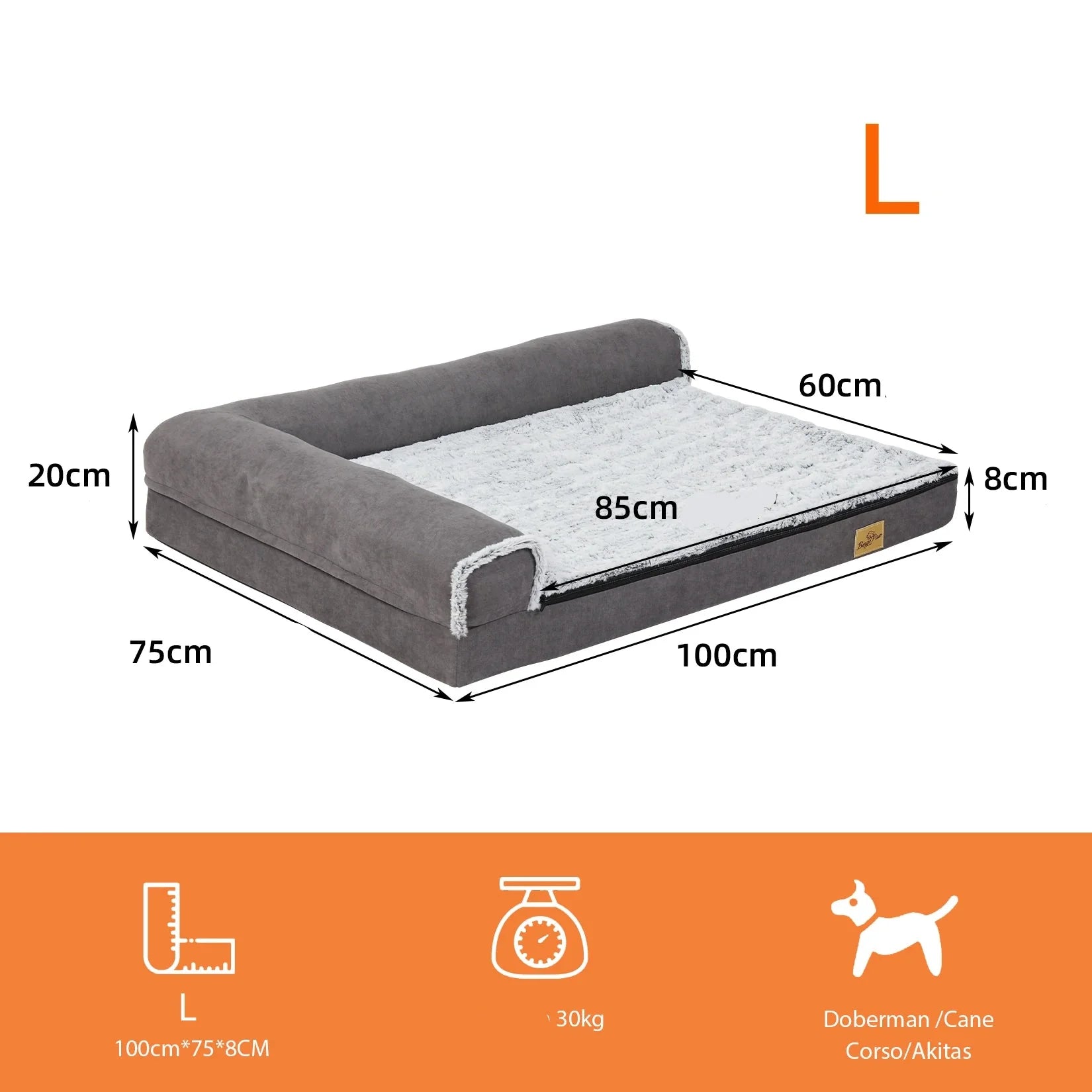 Lit pour chien mémoire de forme Oscar et Plume en gris, taille L avec rembarde confortable