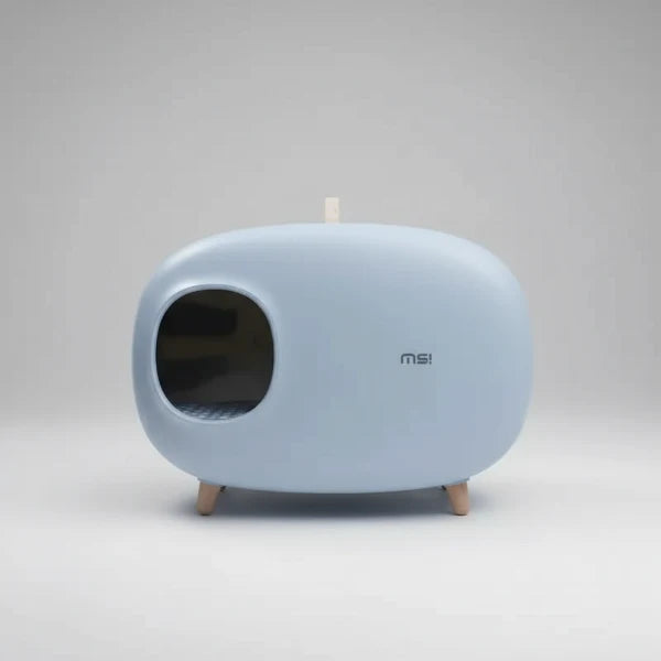 Litière design pour chat grise en forme ovale avec entrée latérale et pieds en bois