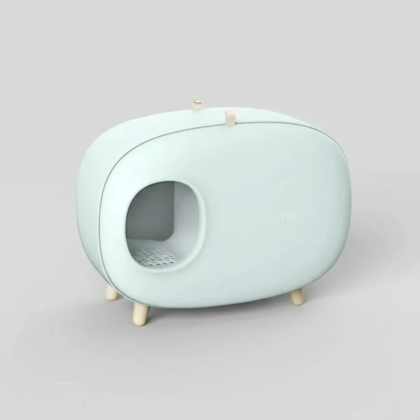 Litière design pour chat en forme ovale avec entrée latérale et pieds en bois clair