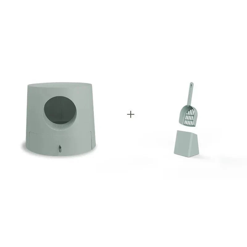 Litière design pour chat grise avec pelle et support assortis pour un entretien facile