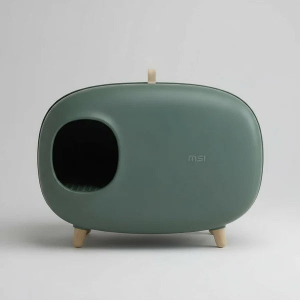 Litière design pour chat Oscar et Plume en forme ovale avec pieds en bois et entrée ronde