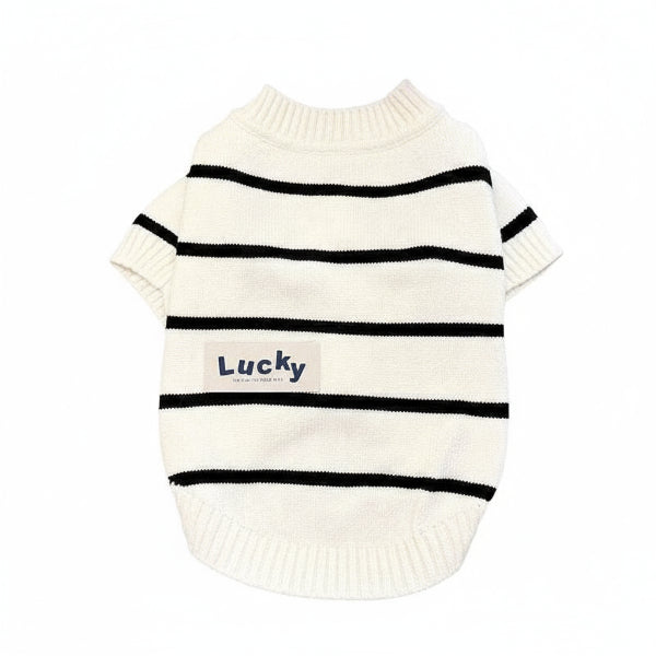 Pull rayé pour chien blanc avec bandes noires et étiquette Lucky de Oscar et Plume