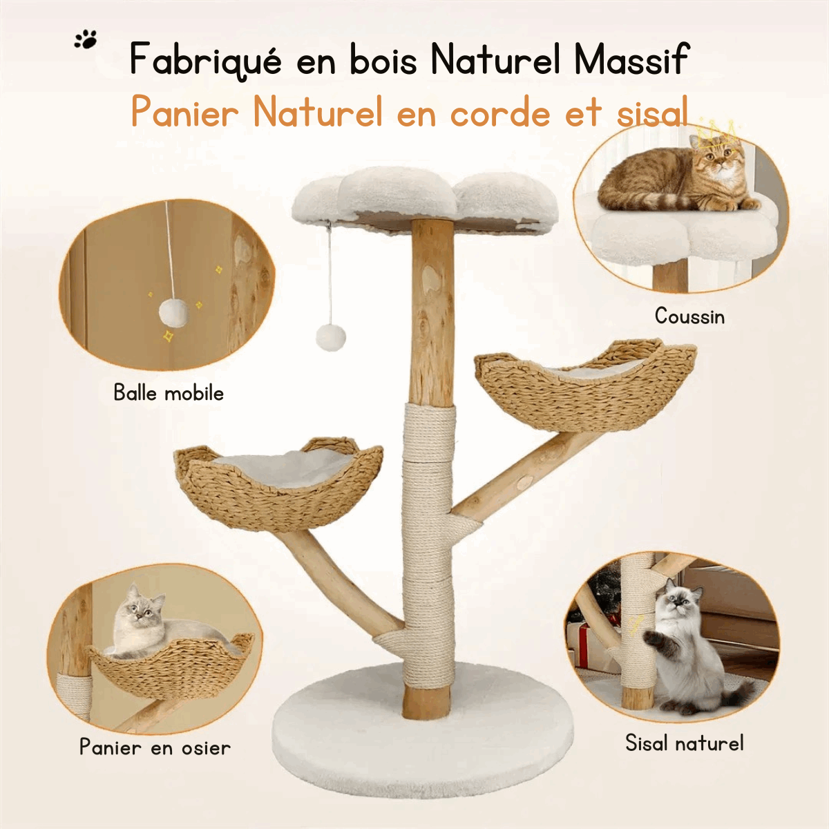 Arbre à chat griffoir en bois massif avec sisal - Oscar et Plume