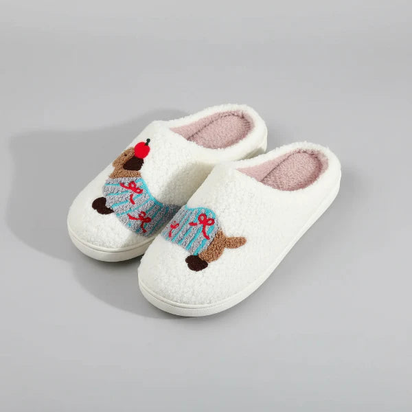 Chaussons chien teckel en fausse fourrure blanche brodés avec pull bleu et doublure rose