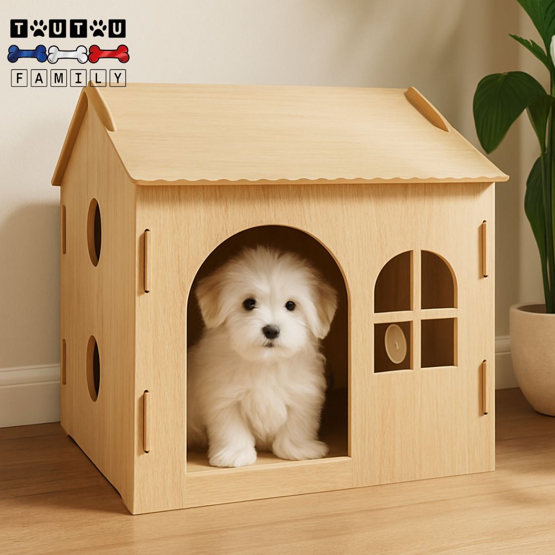 Maison-intérieure-pour-chien-bois-naturel-un chiot coton de tuléar assis confortablement dans sa niche en bois de chêne naturel, sans toxicité, eco-friendly, lavable, hygiénique et personnalisable pour chien de race naine et petit chien jusqu'à 4 kg
