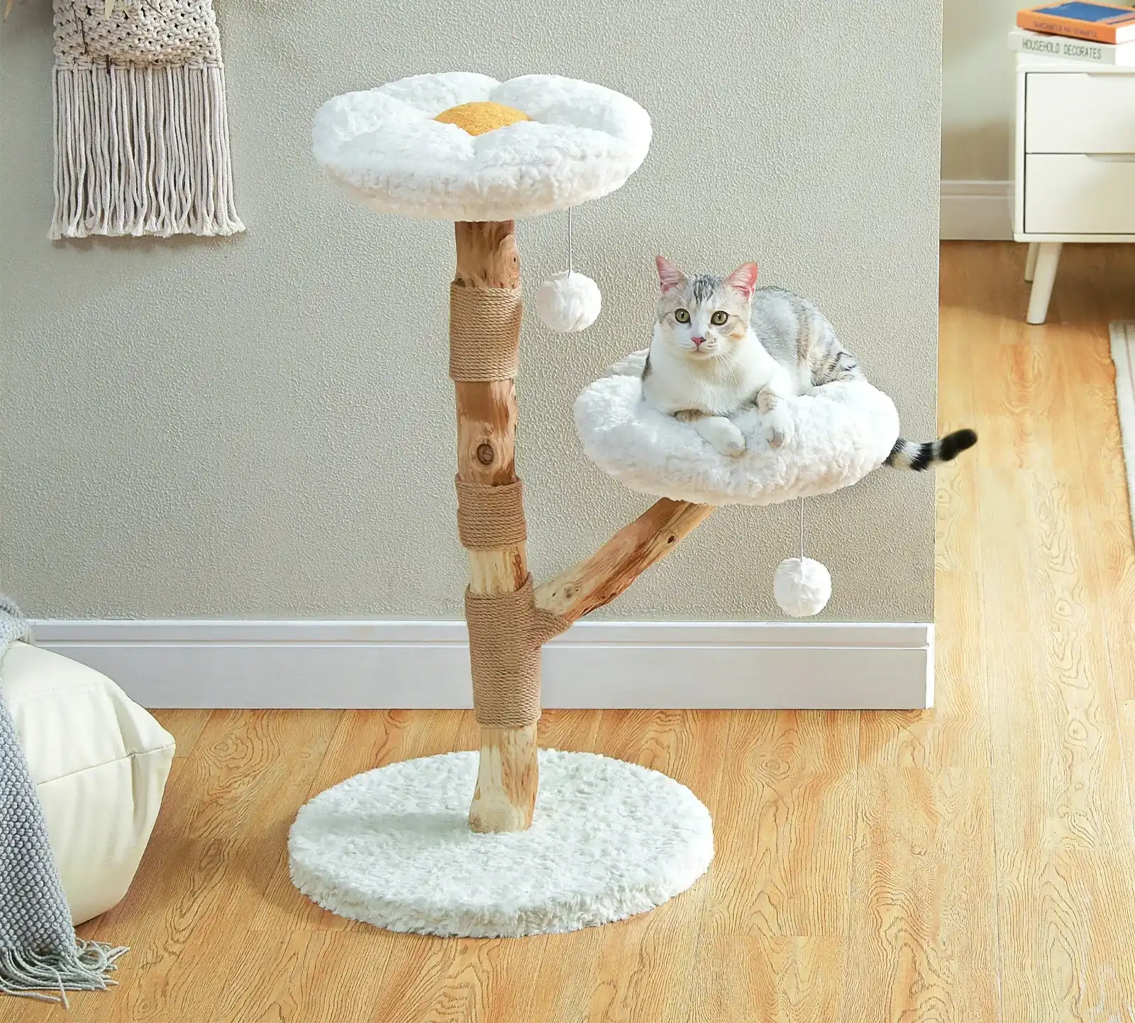 Arbre À Chat En Bois Avec Fleurs Et Perchoirs