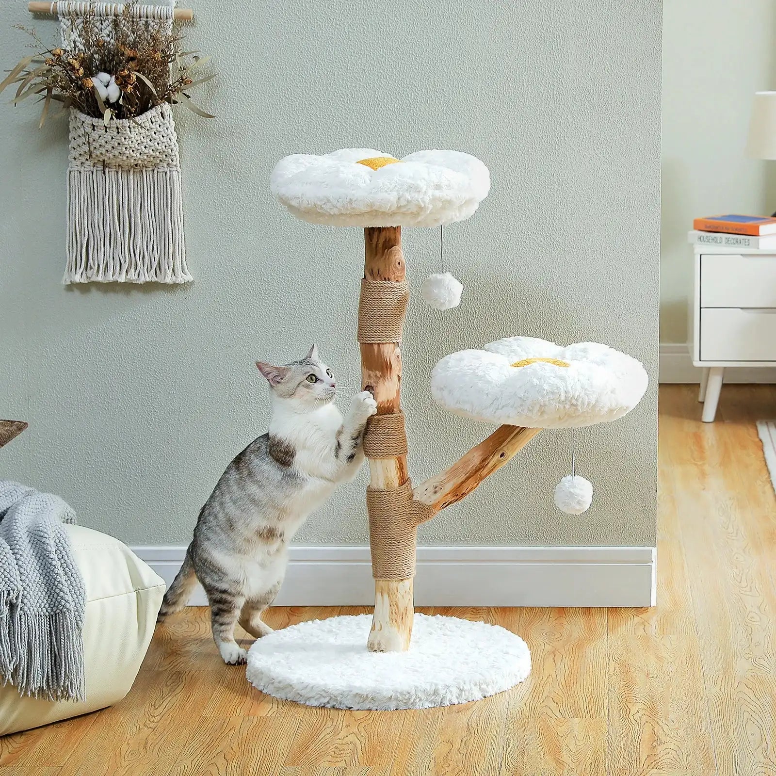 Arbre À Chat En Bois Avec Fleurs Et Perchoirs